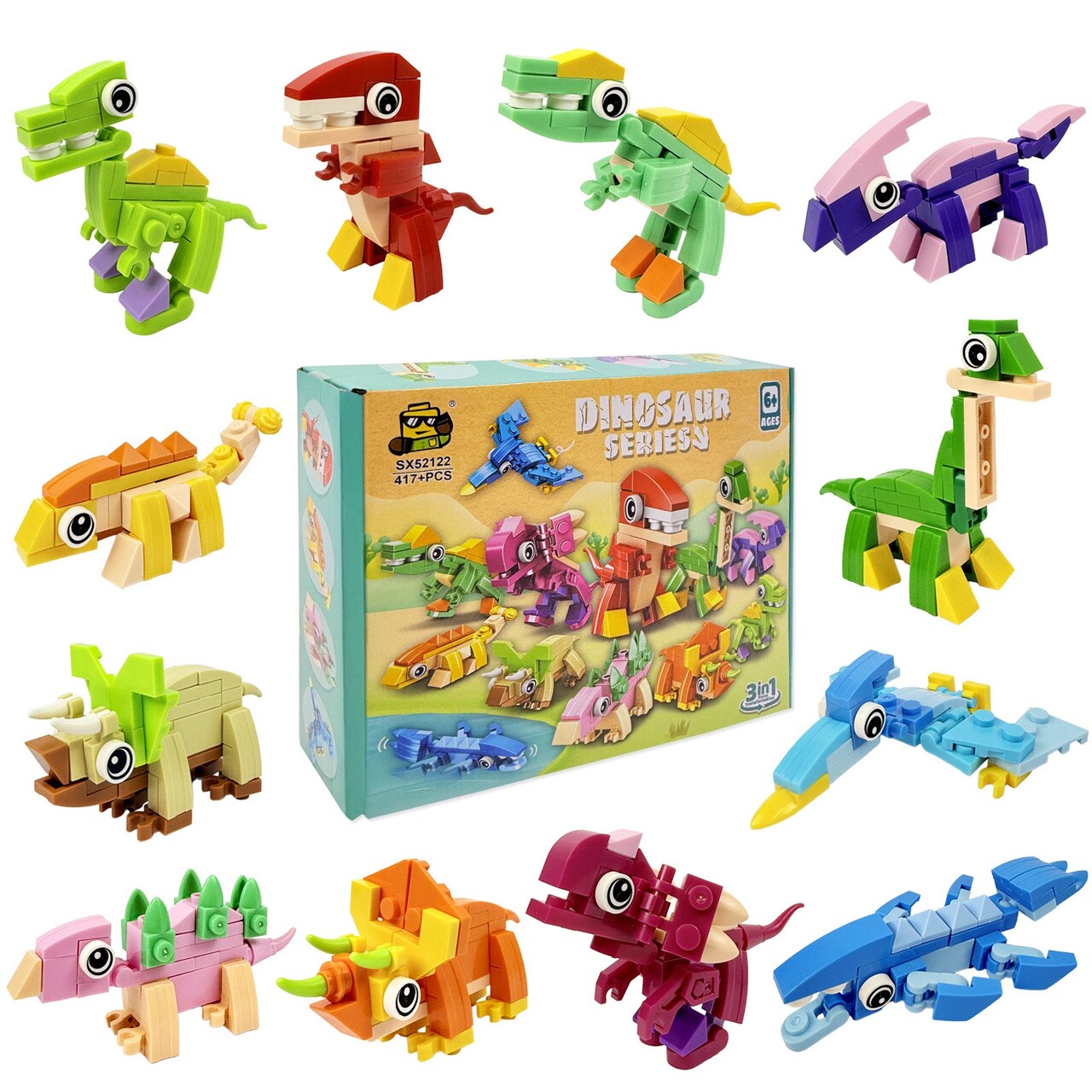 Wrapables Animal Building Blocks Set, 3-in-1 Building Kits for Party Favors, Goodie Bag Stuffer, Stocking Stuffer (Set of 12), Dinosaurs